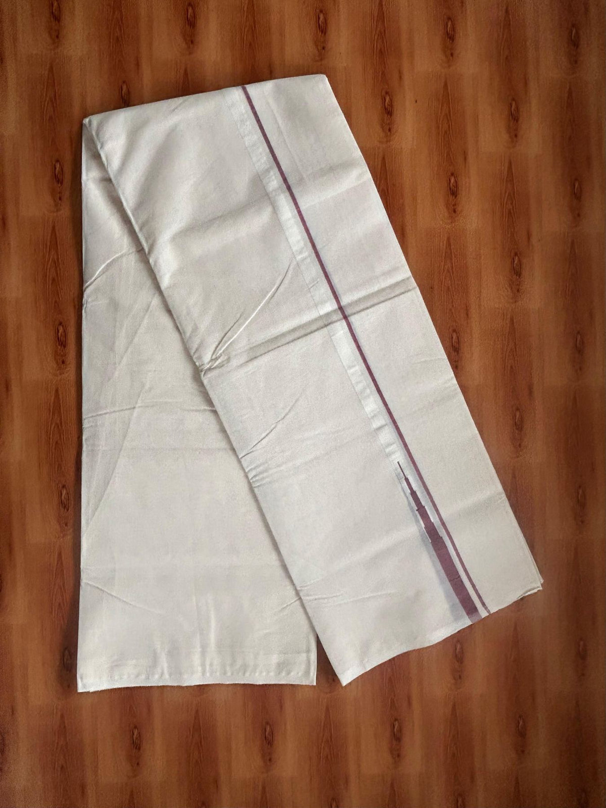Double Off White (Unbleached) Mundu/Dhoti - 20% Discount!! KaithariKada Pulimood 100% Cotton 100X100 - 0.5 inch Puliyilakkara Maroon Chutty Kara - 4 mtr (8.5 muzham) - 11 KK5542 ASH