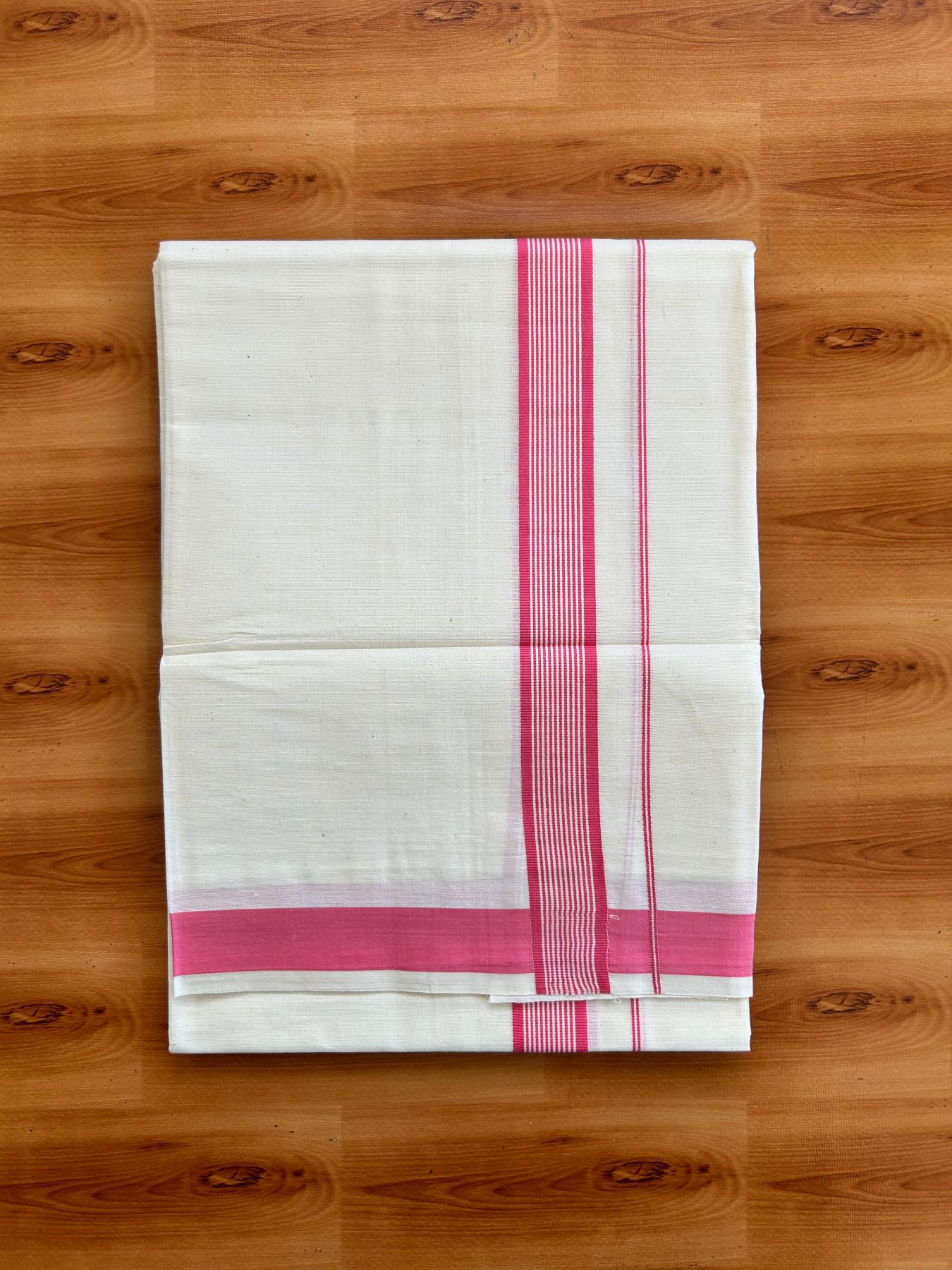 Single Off White - (Unbleached) Mundu/Dhoti - KaithariKada Balaramapuram Pure Cotton 70x30 - 1.25 inch Pink Striped Kara (2 meter /4 muzham) - 28 KK5494 PMC