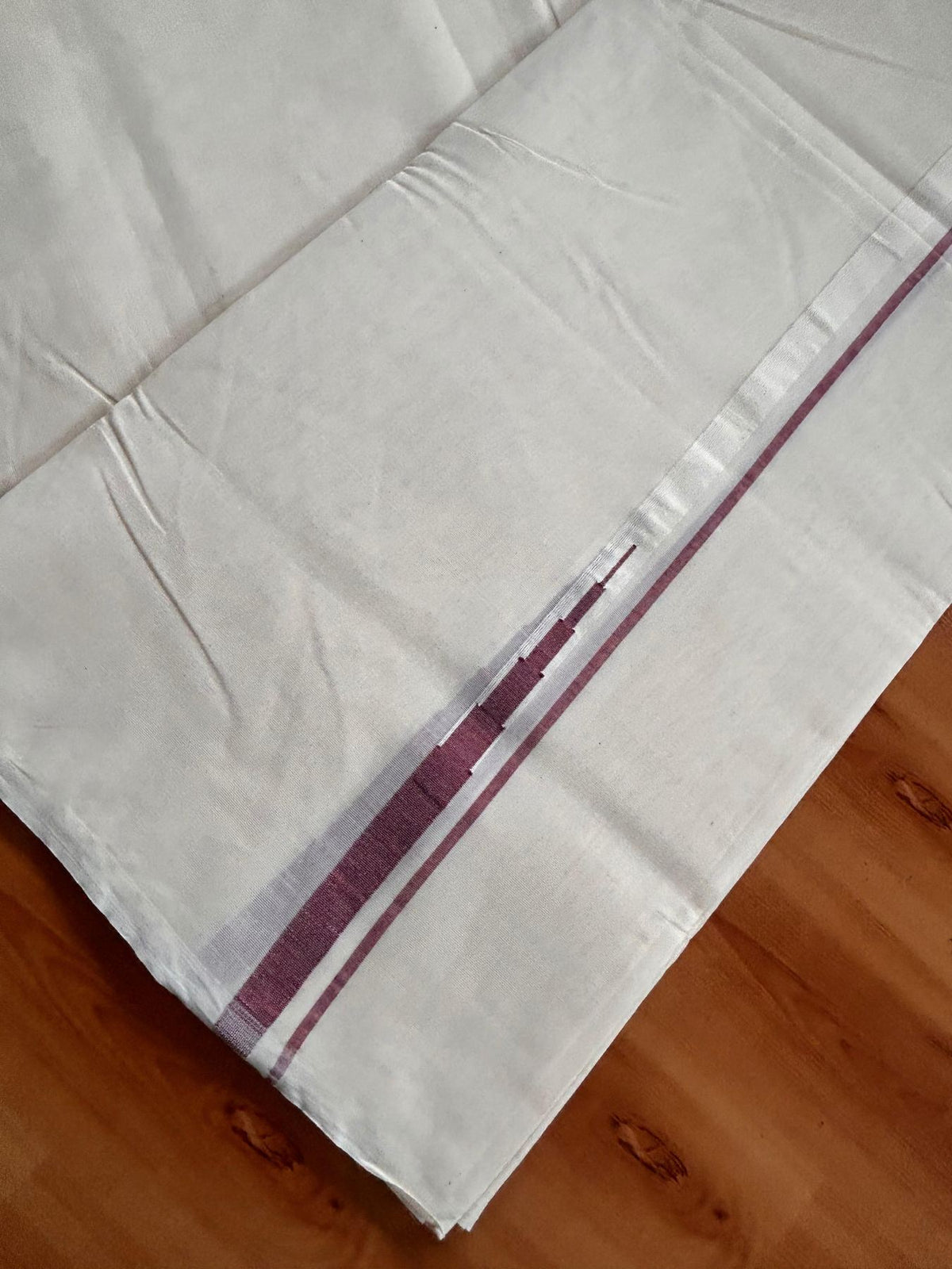 Double Off White (Unbleached) Mundu/Dhoti - 20% Discount!! KaithariKada Pulimood 100% Cotton 100X100 - 0.5 inch Puliyilakkara Maroon Chutty Kara - 4 mtr (8.5 muzham) - 11 KK5542 ASH