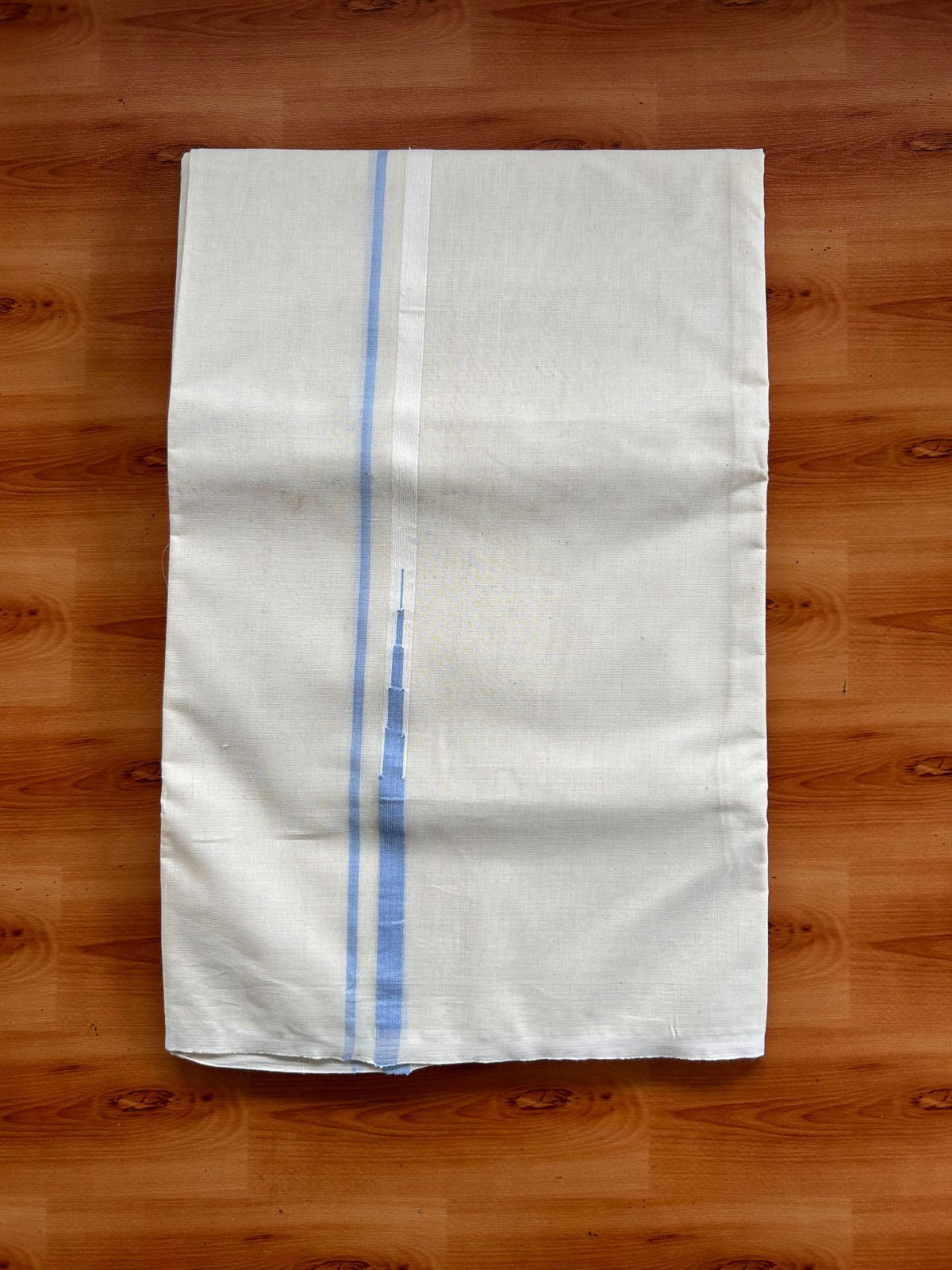 Double Off White (Unbleached) Mundu/Dhoti - 20% Discount!! KaithariKada Pulimood 100% Cotton 100X100 - 0.5 inch Puliyilakkara Blue Chutty Kara - 4 mtr (8.5 muzham) - 9 KK5542 ASH
