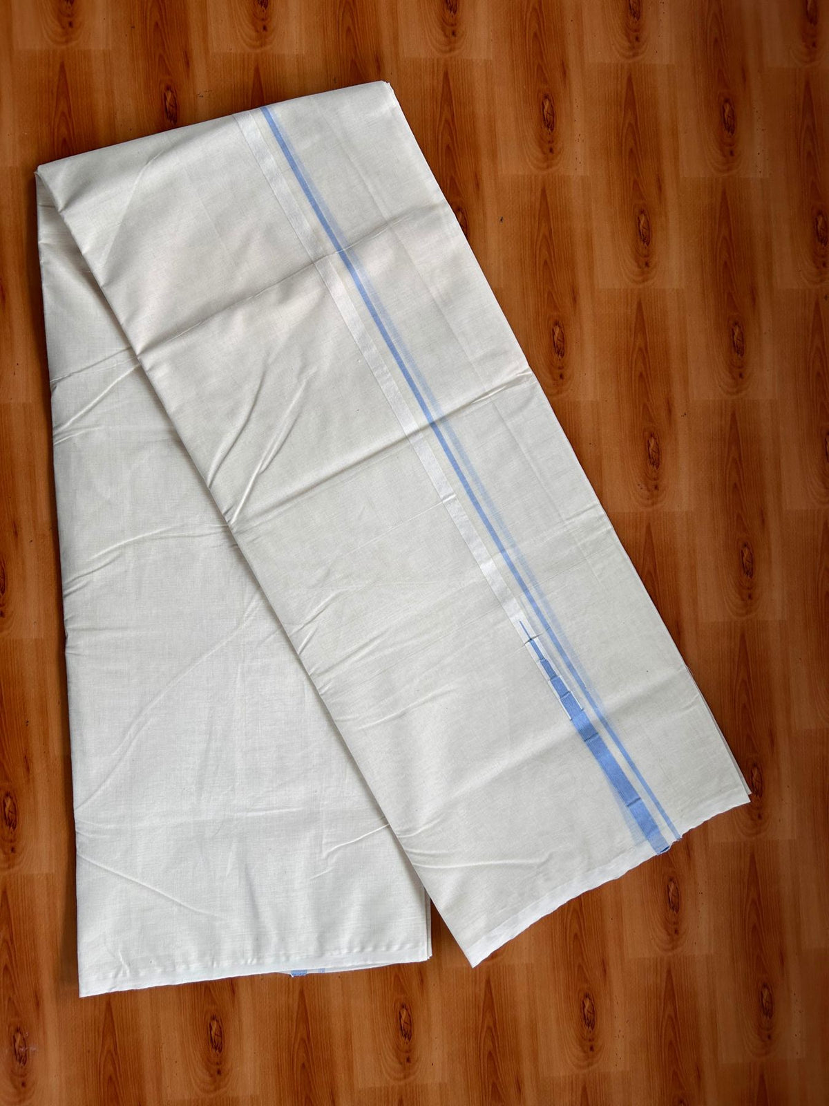 Double Off White (Unbleached) Mundu/Dhoti - 20% Discount!! KaithariKada Pulimood 100% Cotton 100X100 - 0.5 inch Puliyilakkara Blue Chutty Kara - 4 mtr (8.5 muzham) - 9 KK5542 ASH