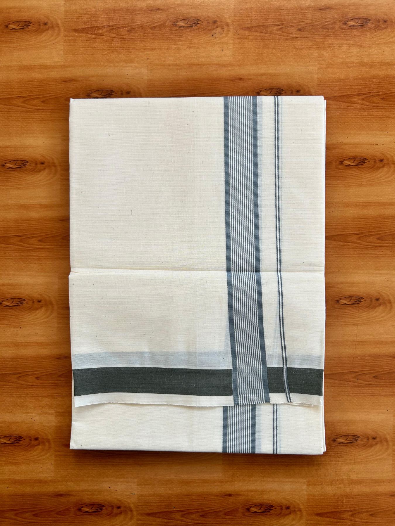 Single Off White - (Unbleached) Mundu/Dhoti - KaithariKada Balaramapuram Pure Cotton 70x30 - 1.25 inch Grey Striped Kara (2 meter /4 muzham) - 30 KK5494 PMC