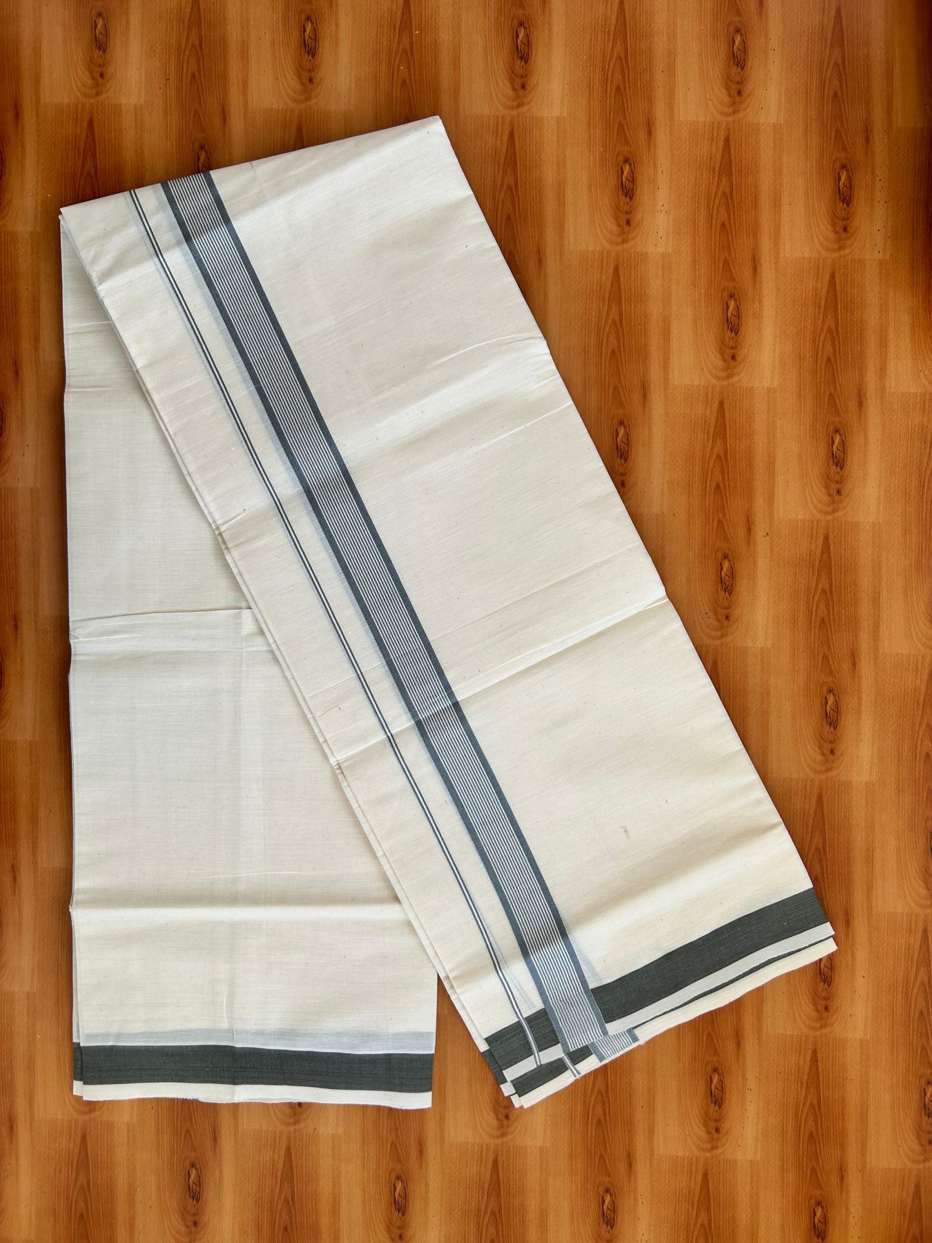 Single Off White - (Unbleached) Mundu/Dhoti - KaithariKada Balaramapuram Pure Cotton 70x30 - 1.25 inch Grey Striped Kara (2 meter /4 muzham) - 30 KK5494 PMC