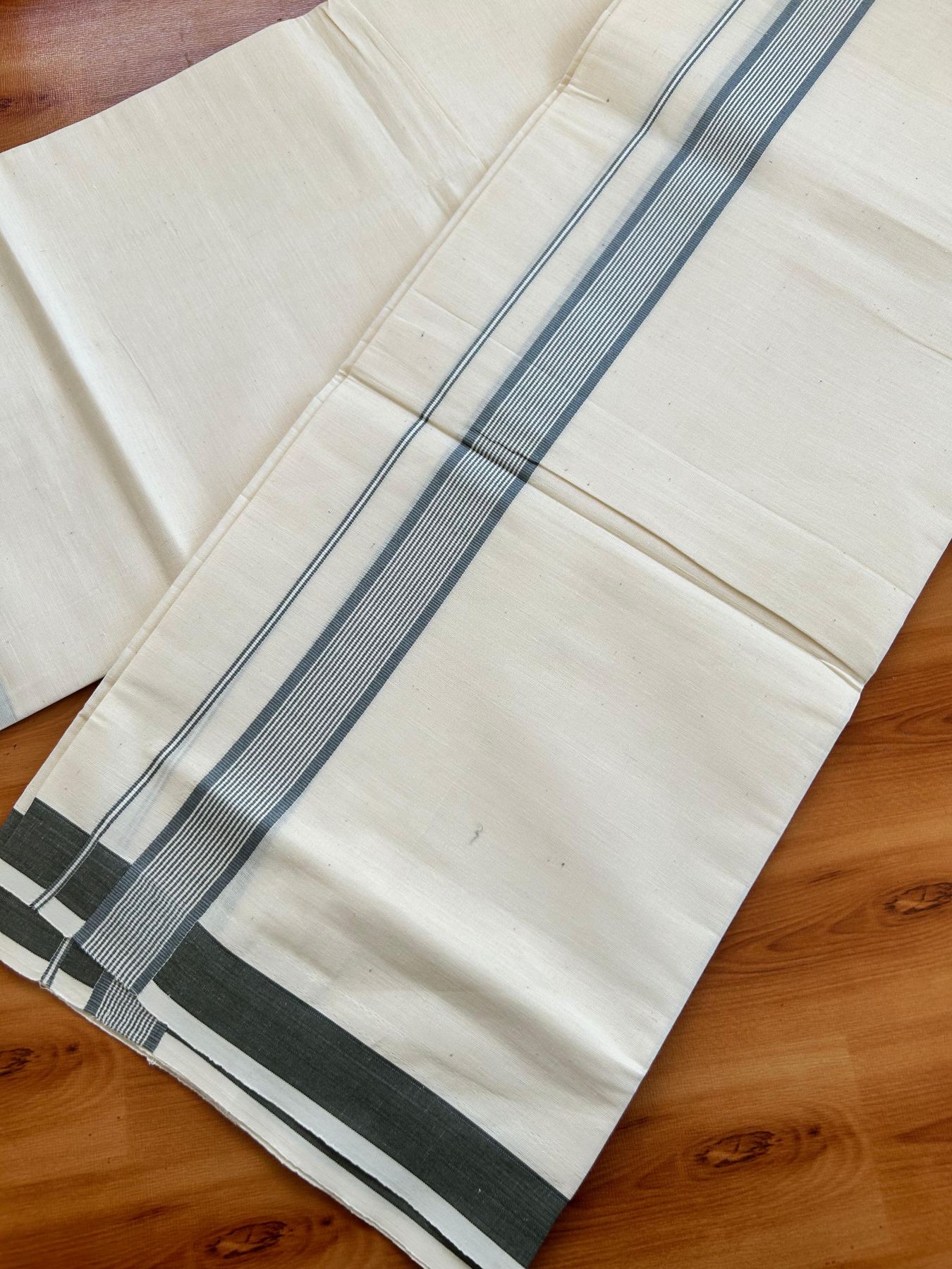 Single Off White - (Unbleached) Mundu/Dhoti - KaithariKada Balaramapuram Pure Cotton 70x30 - 1.25 inch Grey Striped Kara (2 meter /4 muzham) - 30 KK5494 PMC