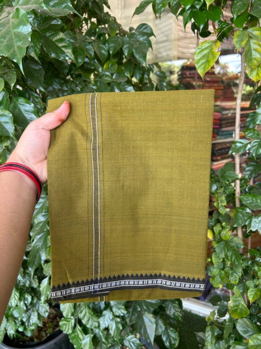Premium Kathar Type Kavi Mund Pure cotton - Kaitharikada - Single Kaily / Lungi - 1 inch Black & White Stripes Kara kuppadam Border with Olive Brown colour body (2 meter / 4 muzham) - 13 KK8039 MUT