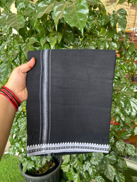 Premium Kathar Type Kavi Mund Pure cotton - Kaitharikada - Single Kaily / Lungi - 1 inch White Stripes Kara kuppadam Border with Black colour body (2 meter / 4 muzham) - 10 KK8039 MUT