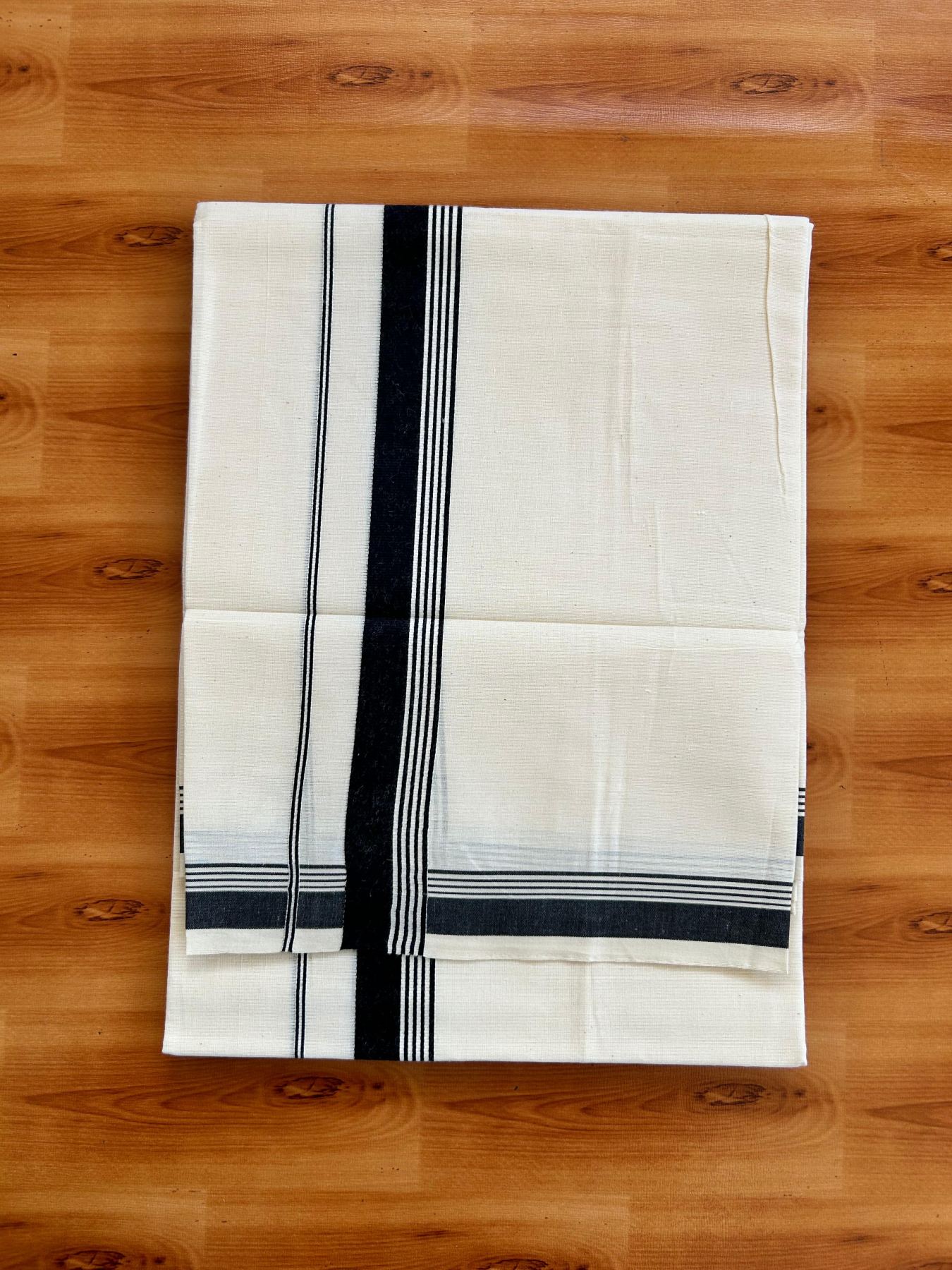 Single Off White - (Unbleached) Mundu/Dhoti - KaithariKada Balaramapuram Pure Cotton 70x30 - 1.25 inch Black Striped Kara (2 meter /4 muzham) - 32 KK5494 PMC