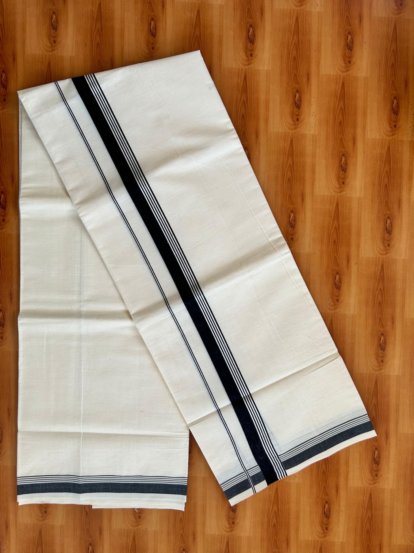 Single Off White - (Unbleached) Mundu/Dhoti - KaithariKada Balaramapuram Pure Cotton 70x30 - 1.25 inch Black Striped Kara (2 meter /4 muzham) - 32 KK5494 PMC