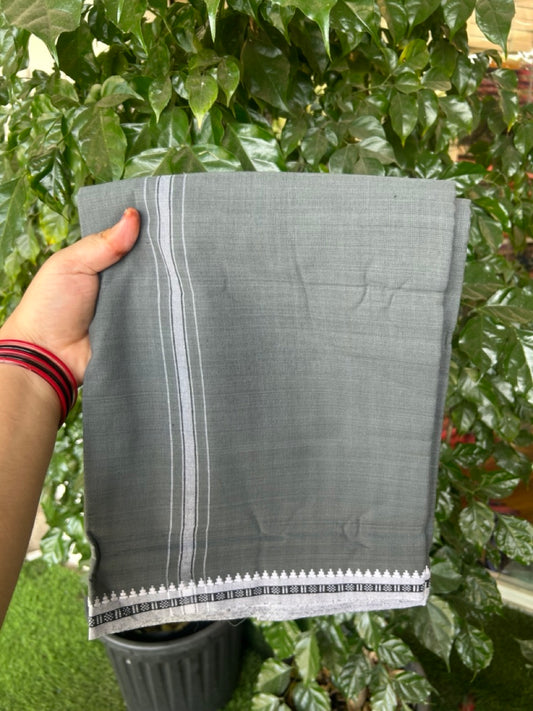 Premium Kathar Type Kavi Mund Pure cotton - Kaitharikada - Single Kaily / Lungi - 1 inch White Stripes Kara kuppadam Border with Grey colour body (2 meter / 4 muzham) - 11 KK8039 MUT
