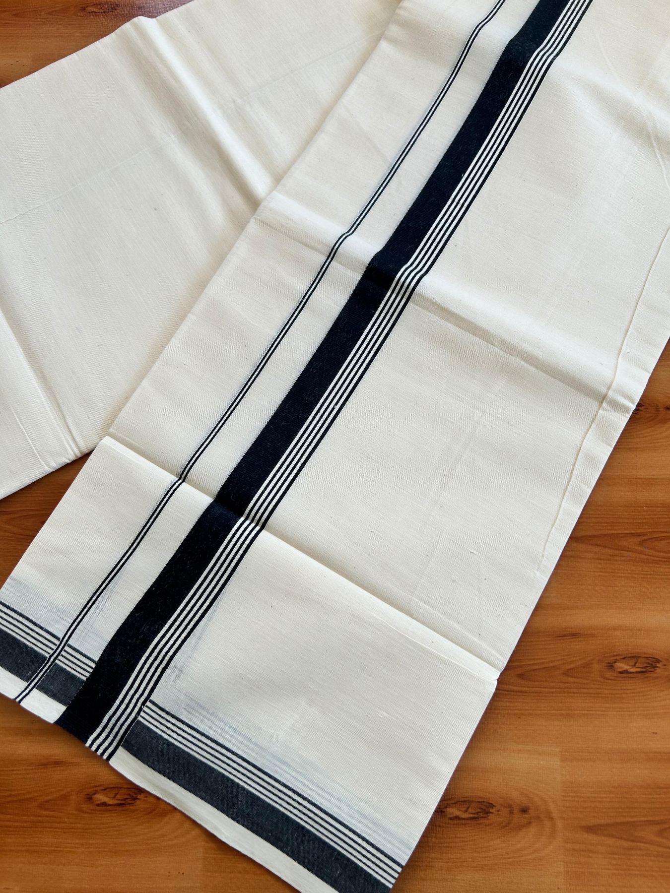 Single Off White - (Unbleached) Mundu/Dhoti - KaithariKada Balaramapuram Pure Cotton 70x30 - 1.25 inch Black Striped Kara (2 meter /4 muzham) - 32 KK5494 PMC
