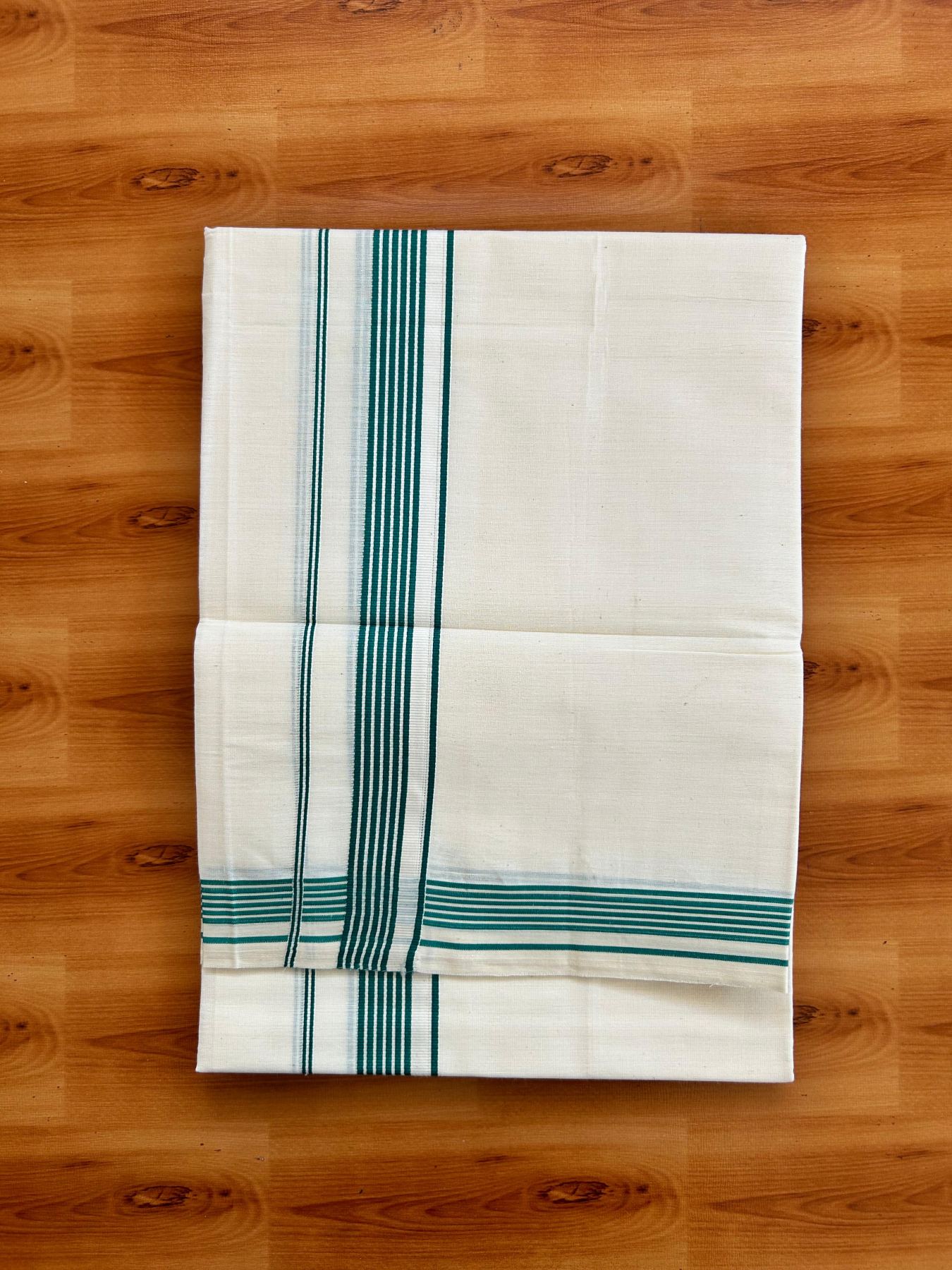 Single Off White - (Unbleached) Mundu/Dhoti - KaithariKada Balaramapuram Pure Cotton 70x30 - 1.25 inch Green Striped Kara (2 meter /4 muzham) - 31 KK5494 PMC