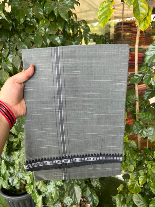 Premium Kathar Type Kavi Mund Pure cotton - Kaitharikada - Single Kaily / Lungi - 1 inch Black & White Stripes Kara kuppadam Border with Grey colour body (2 meter / 4 muzham) - 6 KK8039 MUT
