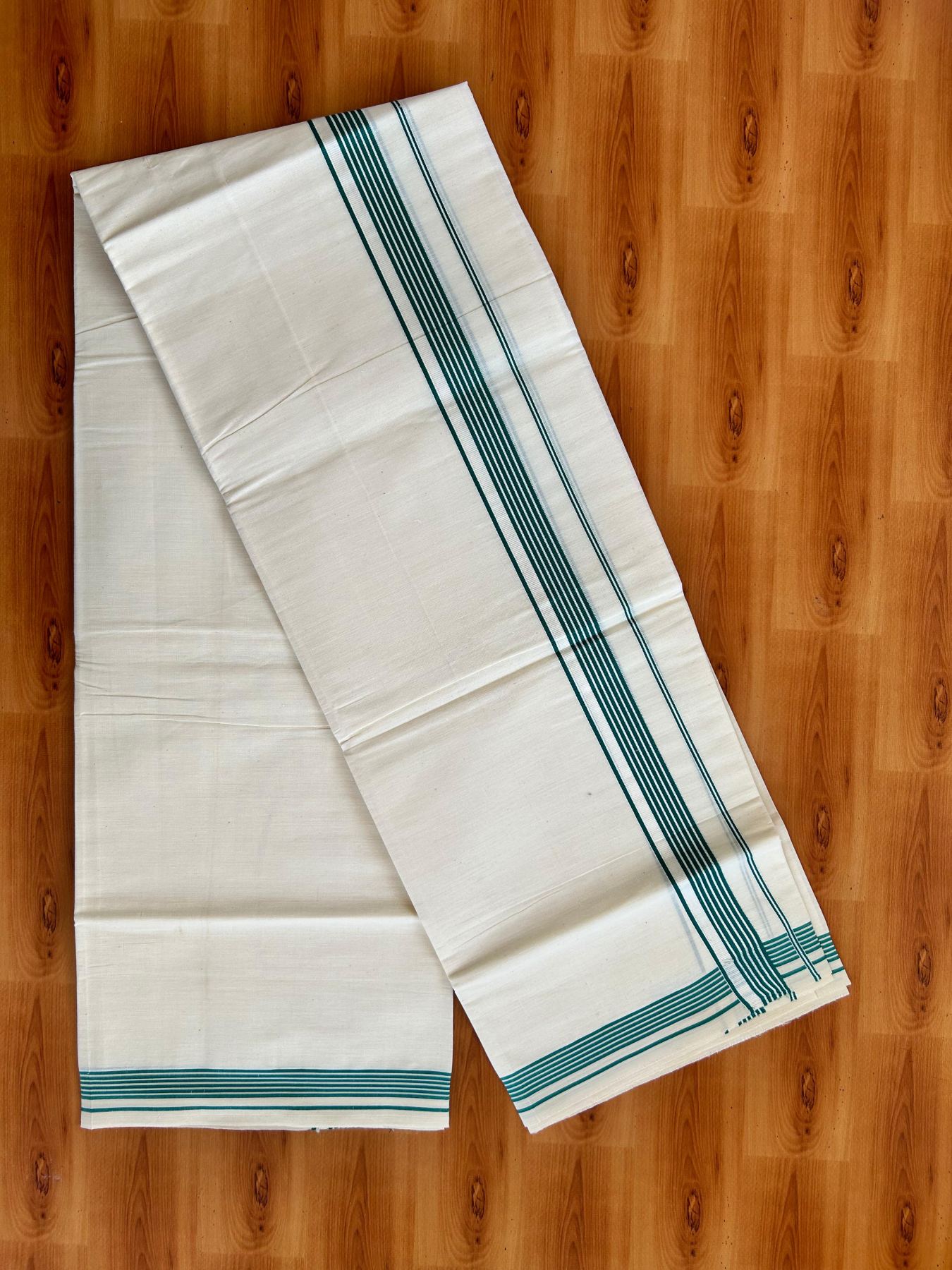 Single Off White - (Unbleached) Mundu/Dhoti - KaithariKada Balaramapuram Pure Cotton 70x30 - 1.25 inch Green Striped Kara (2 meter /4 muzham) - 31 KK5494 PMC