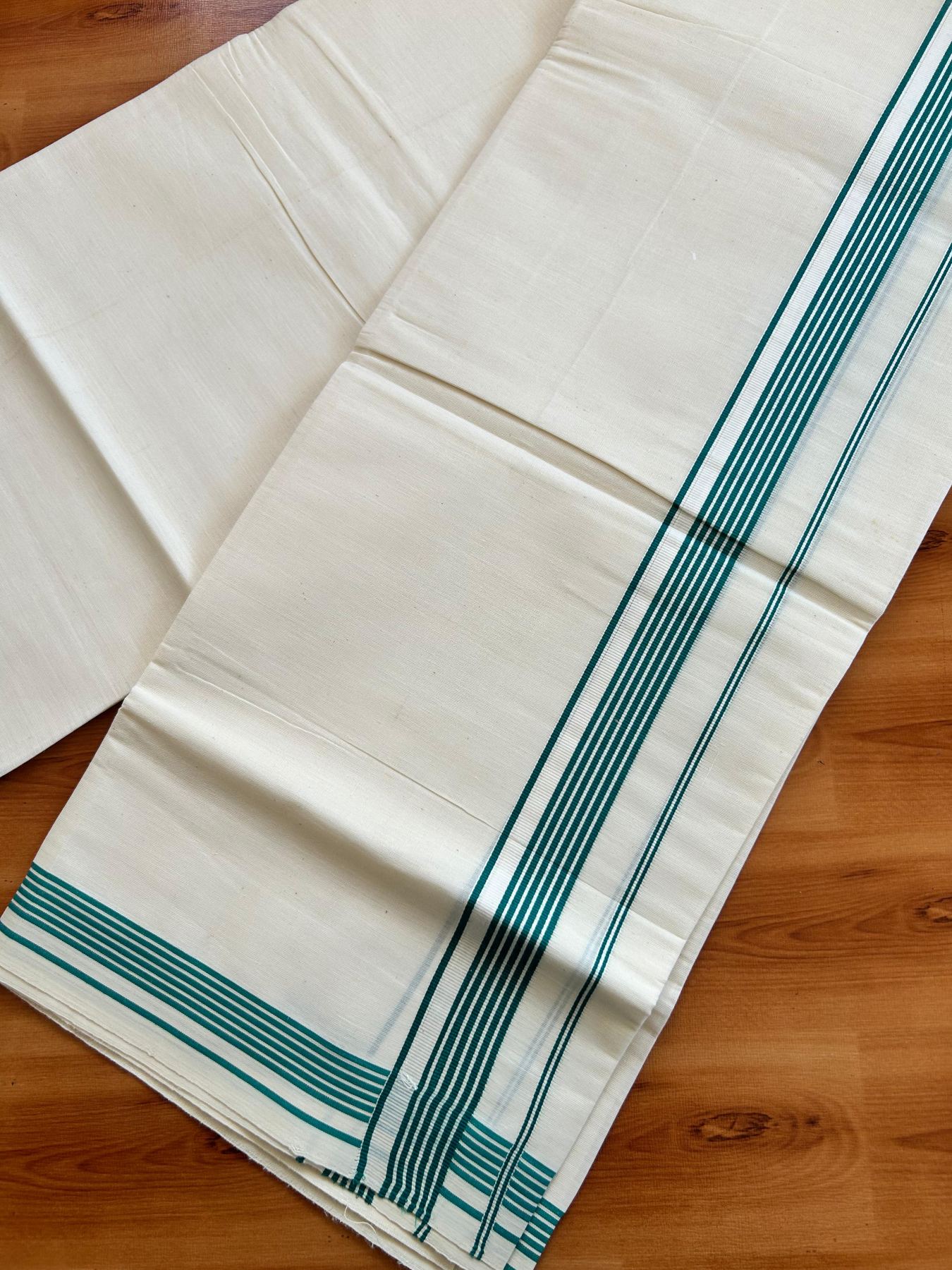 Single Off White - (Unbleached) Mundu/Dhoti - KaithariKada Balaramapuram Pure Cotton 70x30 - 1.25 inch Green Striped Kara (2 meter /4 muzham) - 31 KK5494 PMC
