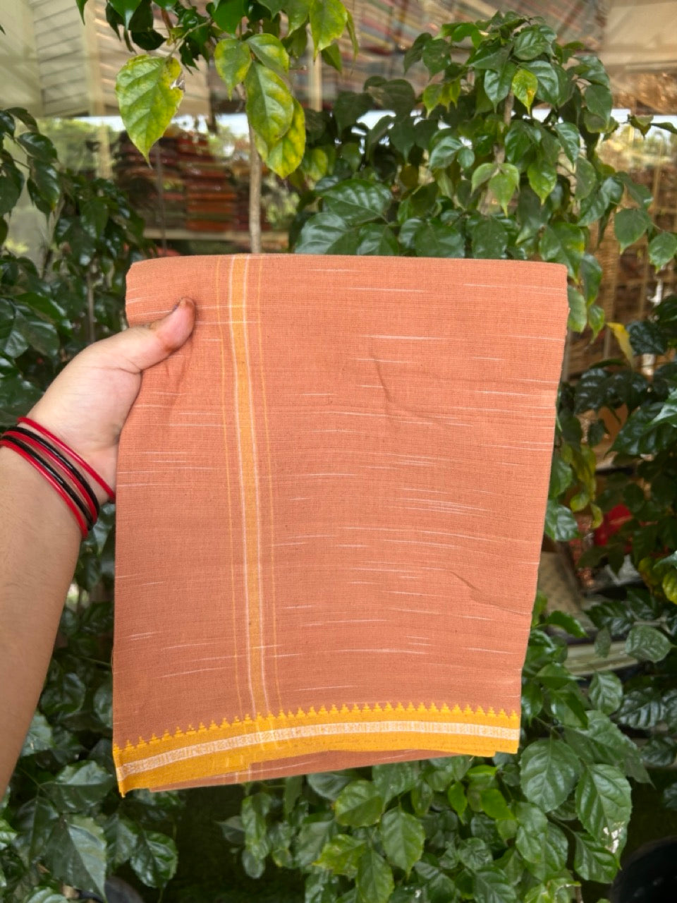 Premium Kathar Type Kavi Mund Pure cotton - Kaitharikada - Single Kaily / Lungi - 1 inch White & Yellow Stripes kara kuppadam Border with Kavi colour body (2 meter / 4 muzham) - 21 KK8039 MUT