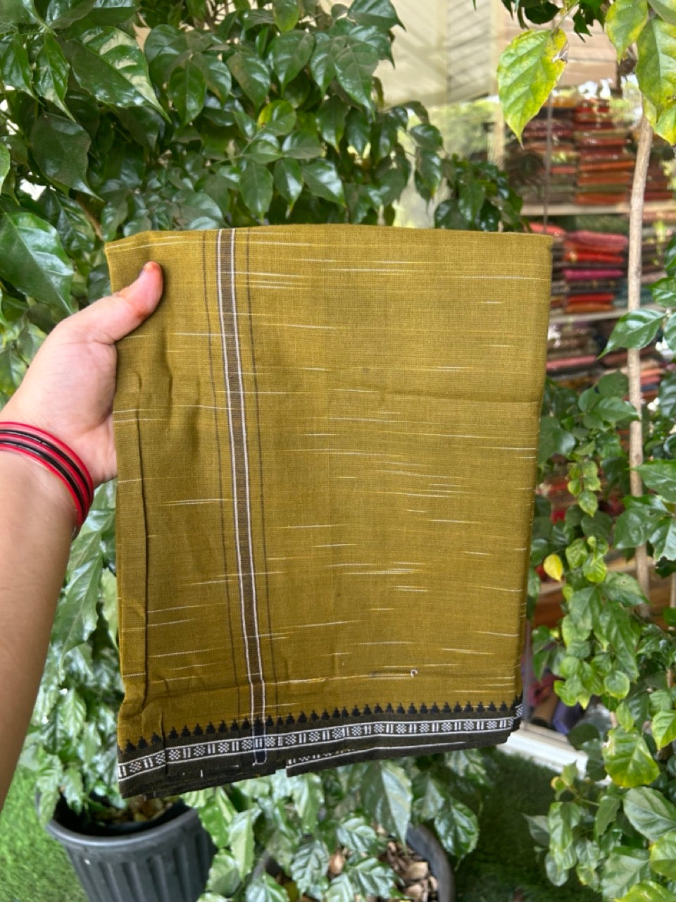 Premium Kathar Type Kavi Mund Pure cotton - Kaitharikada - Single Kaily / Lungi - 1 inch Black & White Stripes Kara kuppadam Border with Olive brown colour body  (2 meter / 4 muzham) - 1 KK8039 MUT