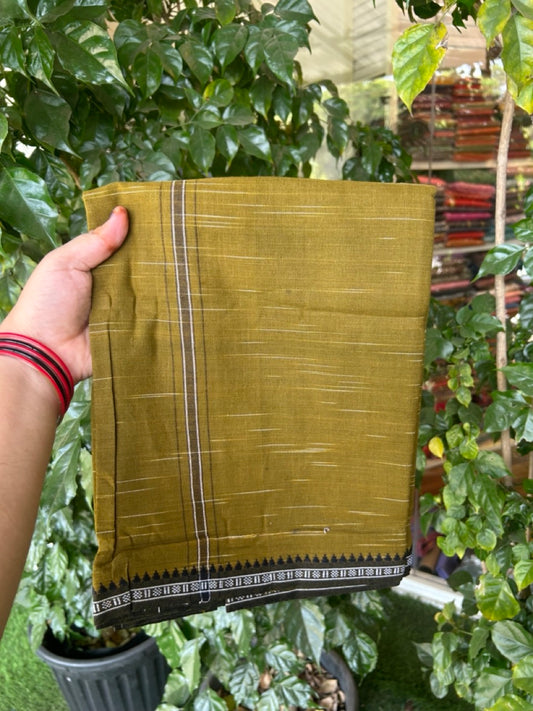 Premium Kathar Type Kavi Mund Pure cotton - Kaitharikada - Single Kaily / Lungi - 1 inch Black & White Stripes Kara kuppadam Border with Olive brown colour body  (2 meter / 4 muzham) - 1 KK8039 MUT