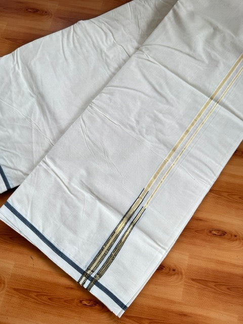 Double Off white - 20% Discount!!! KaithariKada 100% Cotton (Unbleached) Kerala Mundu / Dhoti-100x100  1.cm Double Chutty Black & Gold Kasavu - KK99