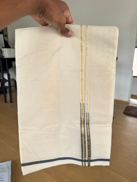 Double Off white - 20% Discount!!! KaithariKada 100% Cotton (Unbleached) Kerala Mundu / Dhoti-100x100  1.cm Double Chutty Black & Gold Kasavu - KK99