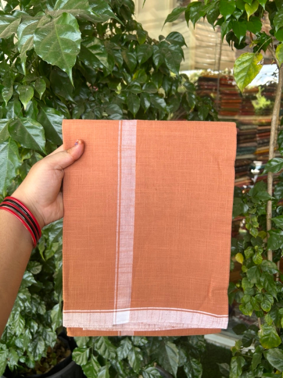 Premium Kathar Type Kavi Mund Pure cotton - Kaitharikada - Single Kaily / Lungi - 1 inch White thin kara Plain Border with Kavi colour body (2 meter / 4 muzham) - 17 KK8039 MUT