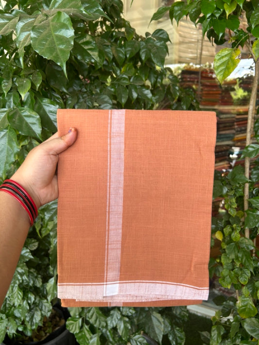 Premium Kathar Type Kavi Mund Pure cotton - Kaitharikada - Single Kaily / Lungi - 1 inch White thin kara Plain Border with Kavi colour body (2 meter / 4 muzham) - 17 KK8039 MUT