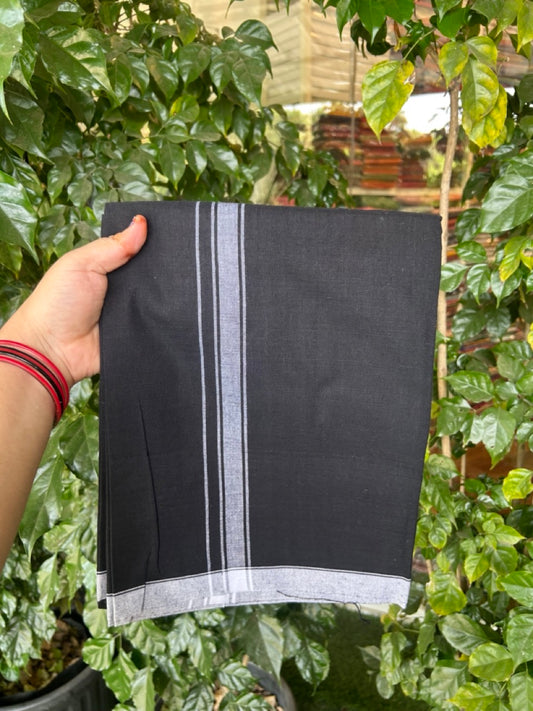 Premium Kathar Type Kavi Mund Pure cotton - Kaitharikada - Single Kaily / Lungi - 0.75 inch White thin kara , Border with Black colour body (2 meter / 4 muzham) - 16 KK8039 MUT