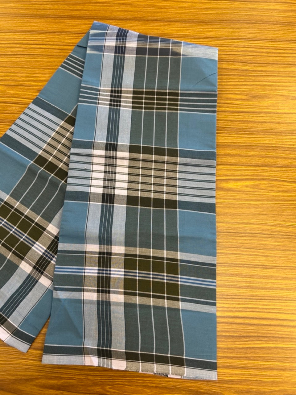 Premium Kathar Type Mund Pure cotton - Kaitharikada - Single Kaily / Lungi - 0.5 inch white Border with Blue , Olive Green , Brown & White Stripes body (2 meter / 4 muzham) - 30 KK8039 MUT