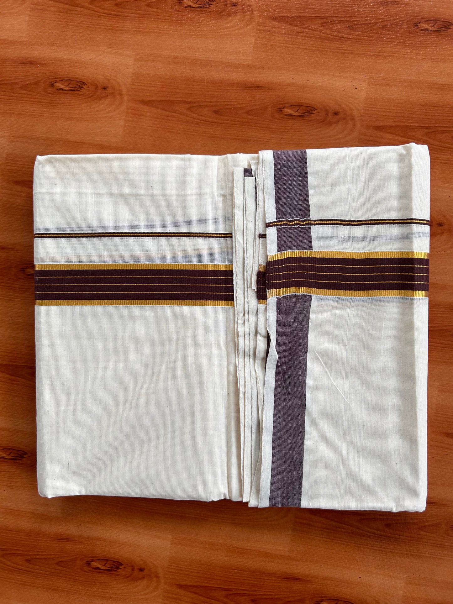 Double Off White  Mundu/Dhoti- 20% Discount! KaithariKada Balaramapuram Pure Cotton - 60s - 1 inch Gold Striped Kasav & Brown Kara - 4mtr (8.5muzham) - 4 KK5427 VAS
