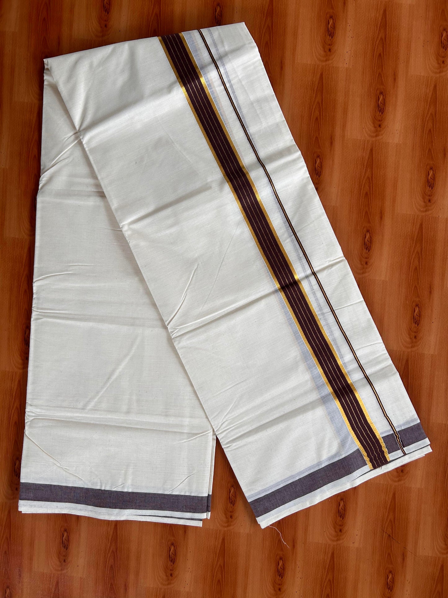 Double Off White  Mundu/Dhoti- 20% Discount! KaithariKada Balaramapuram Pure Cotton - 60s - 1 inch Gold Striped Kasav & Brown Kara - 4mtr (8.5muzham) - 4 KK5427 VAS
