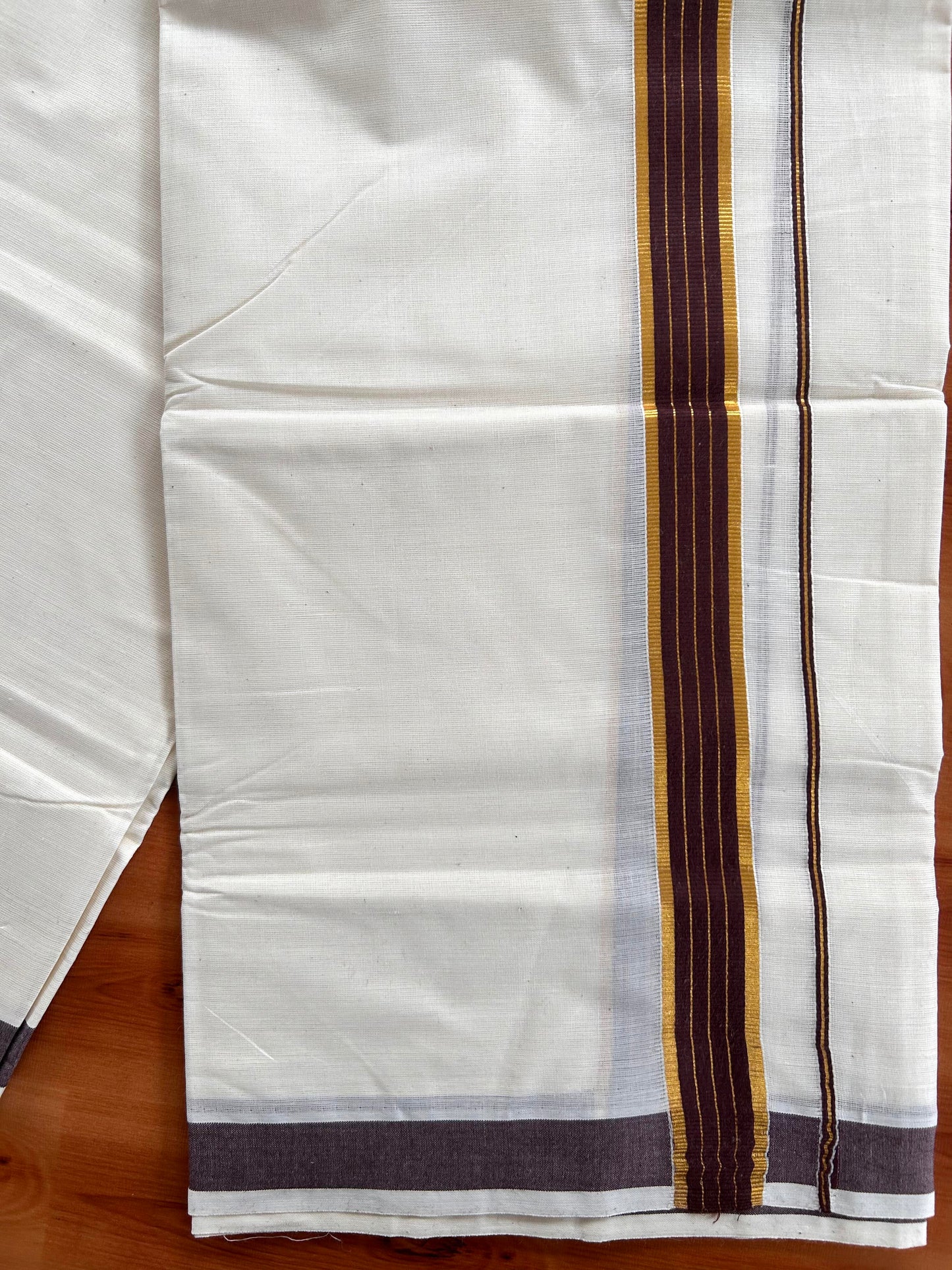 Double Off White  Mundu/Dhoti- 20% Discount! KaithariKada Balaramapuram Pure Cotton - 60s - 1 inch Gold Striped Kasav & Brown Kara - 4mtr (8.5muzham) - 4 KK5427 VAS