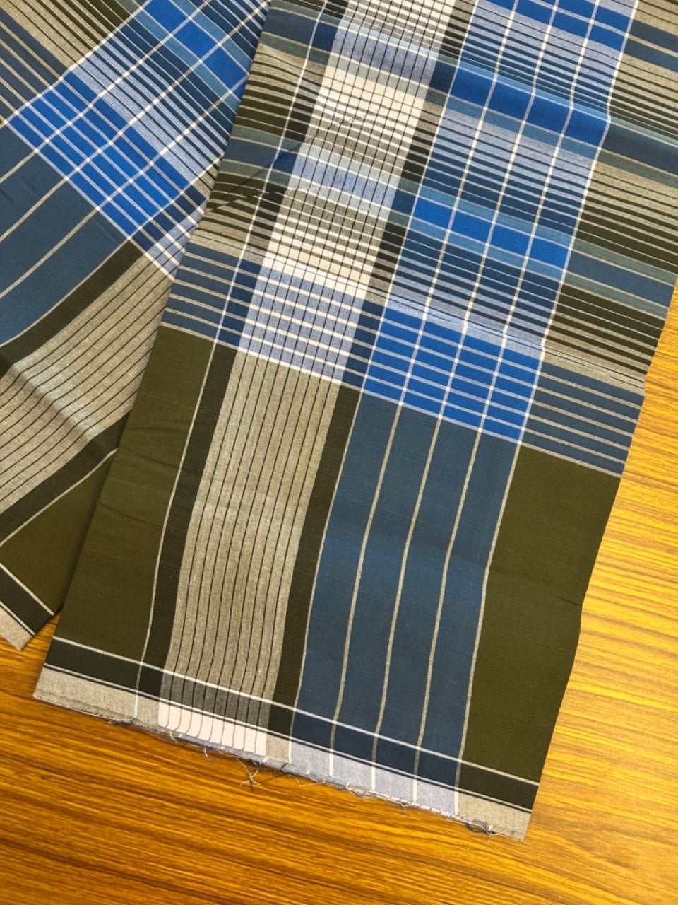 Premium Kathar Type Mund Pure cotton - Kaitharikada - Single Kaily / Lungi - 0.5 inch white Border with Blue , Olive Green & White Stripes body (2 meter / 4 muzham) - 25 KK8039 MUT