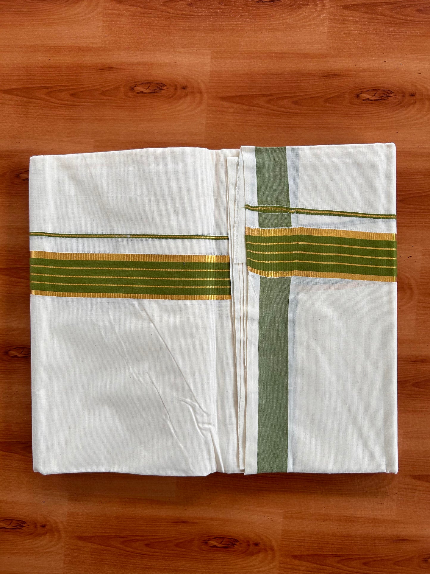Double Off White  Mundu/Dhoti- 20% Discount! KaithariKada Balaramapuram Pure Cotton - 60s - 1 inch Gold Striped Kasav & Parrot Green Kara - 4mtr (8.5muzham) - 7 KK5427 VAS