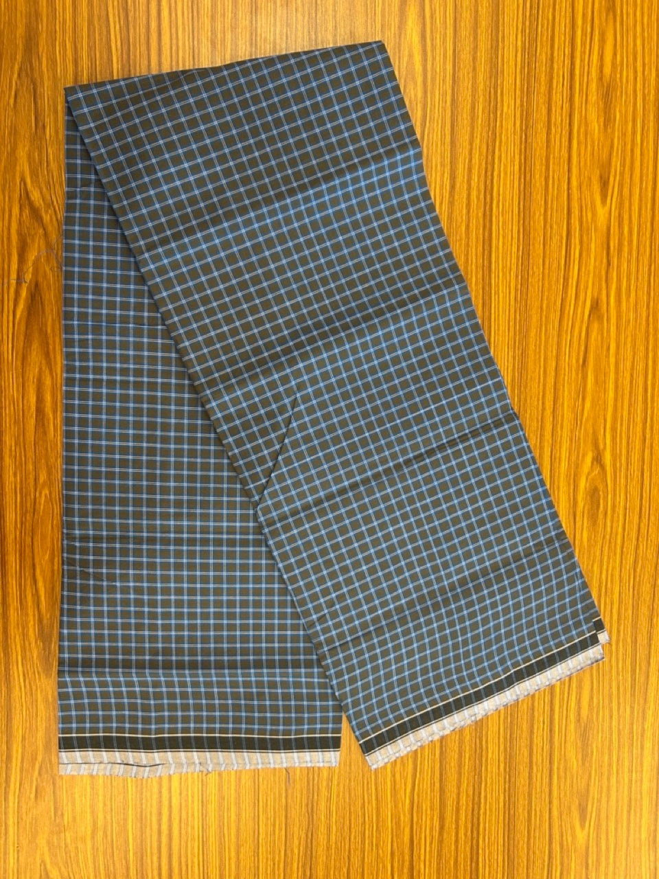 Premium Kathar Type Mund Pure cotton - Kaitharikada - Single Kaily / Lungi - 0.5 inch White Border with Olive Green , Blue & Black Stripes body 2.10 mtr (2.10 meter / 4 muzham) - 39 KK8039 MUT