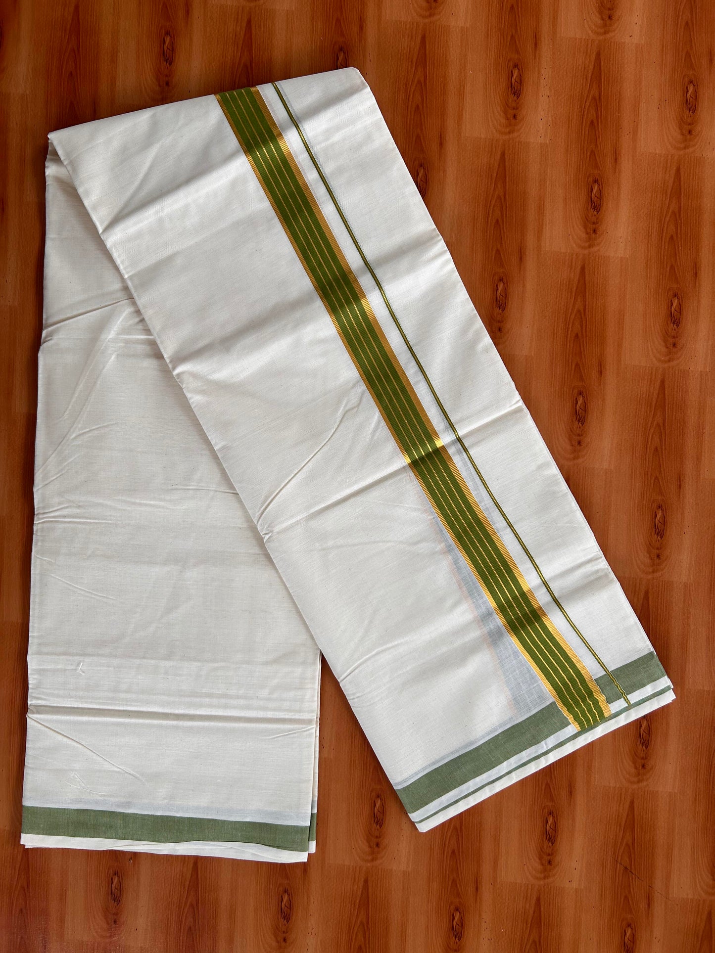 Double Off White  Mundu/Dhoti- 20% Discount! KaithariKada Balaramapuram Pure Cotton - 60s - 1 inch Gold Striped Kasav & Parrot Green Kara - 4mtr (8.5muzham) - 7 KK5427 VAS