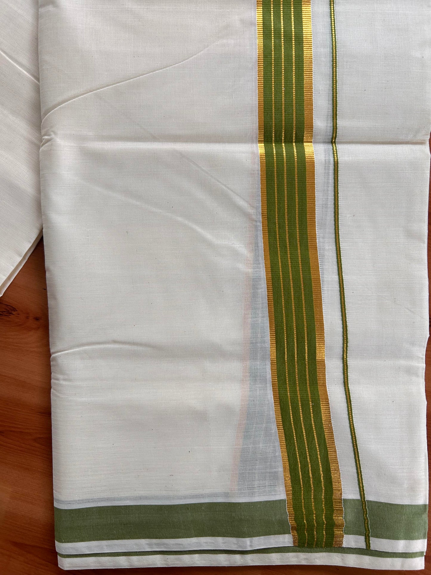 Double Off White  Mundu/Dhoti- 20% Discount! KaithariKada Balaramapuram Pure Cotton - 60s - 1 inch Gold Striped Kasav & Parrot Green Kara - 4mtr (8.5muzham) - 7 KK5427 VAS
