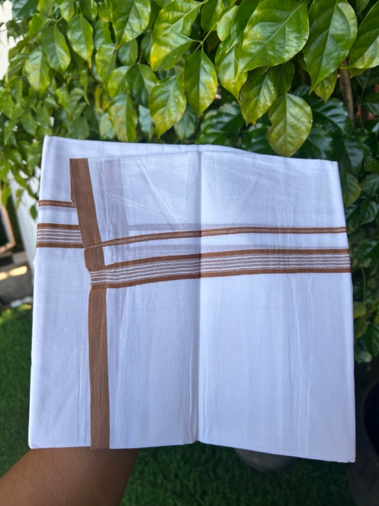 20% Discount ! Kaitharikada Balaramapuram 100% Cotton PURE WHITE Double Mundu/Dothi - 100x80 - 0.75 inch Brown Shaded Striped Kara - 4KK5217 CKS