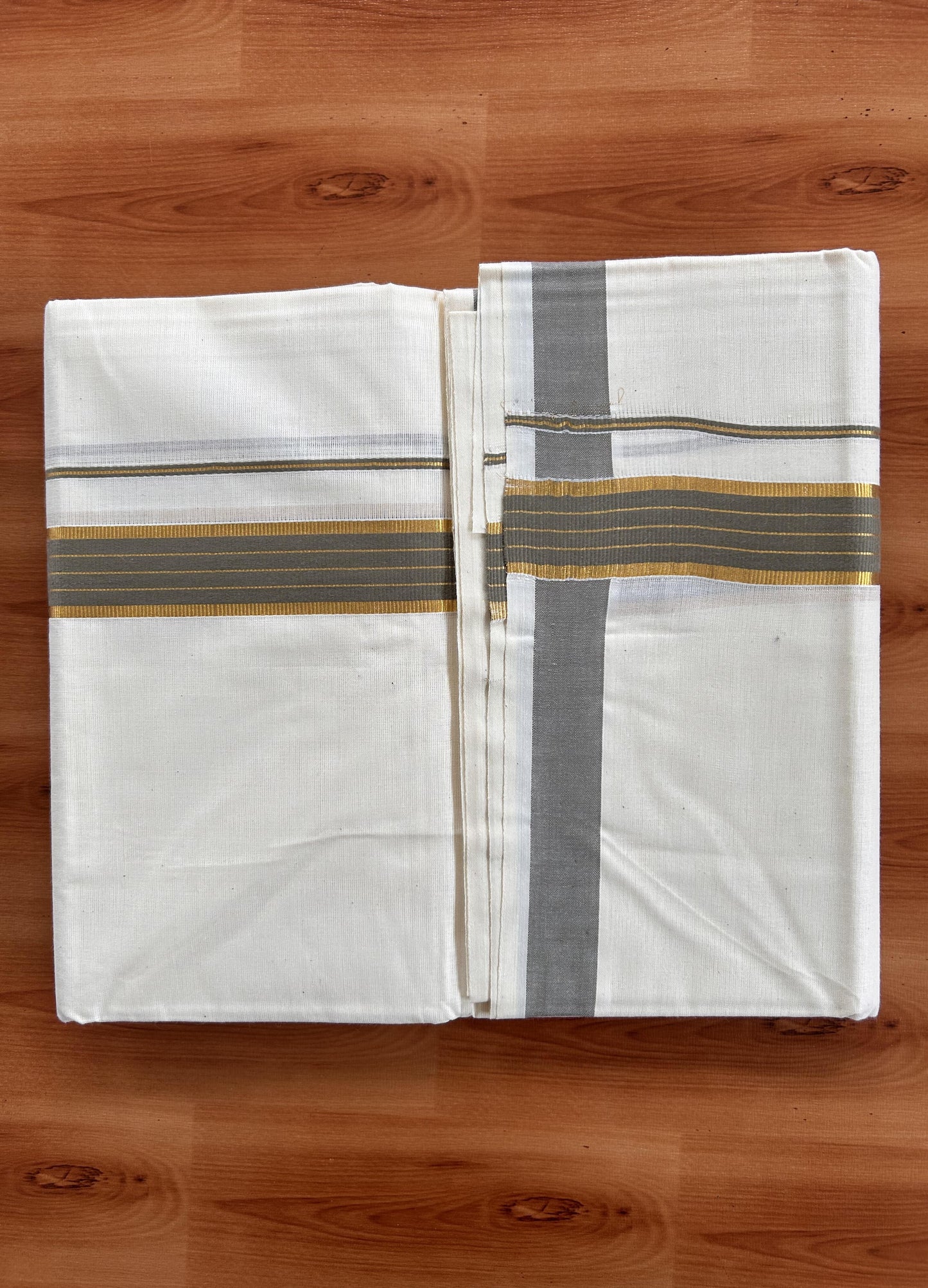 Double Off White  Mundu/Dhoti- 20% Discount! KaithariKada Balaramapuram Pure Cotton - 60s - 1 inch Gold Striped Kasav & Grey Kara - 4mtr (8.5muzham) - 2 KK5427 VAS