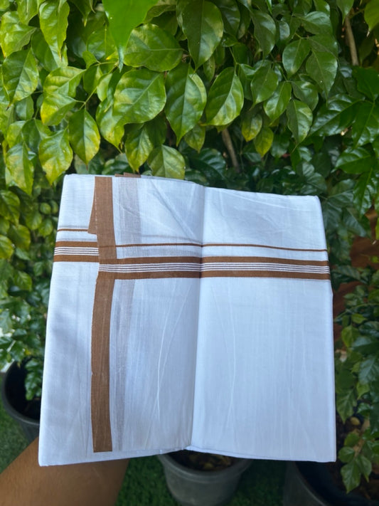 20% Discount ! Kaitharikada Balaramapuram 100% Cotton PURE WHITE Double Mundu/Dothi - 100x80 - 0.75 inch Brown Striped Kara - 3KK5217 CKS