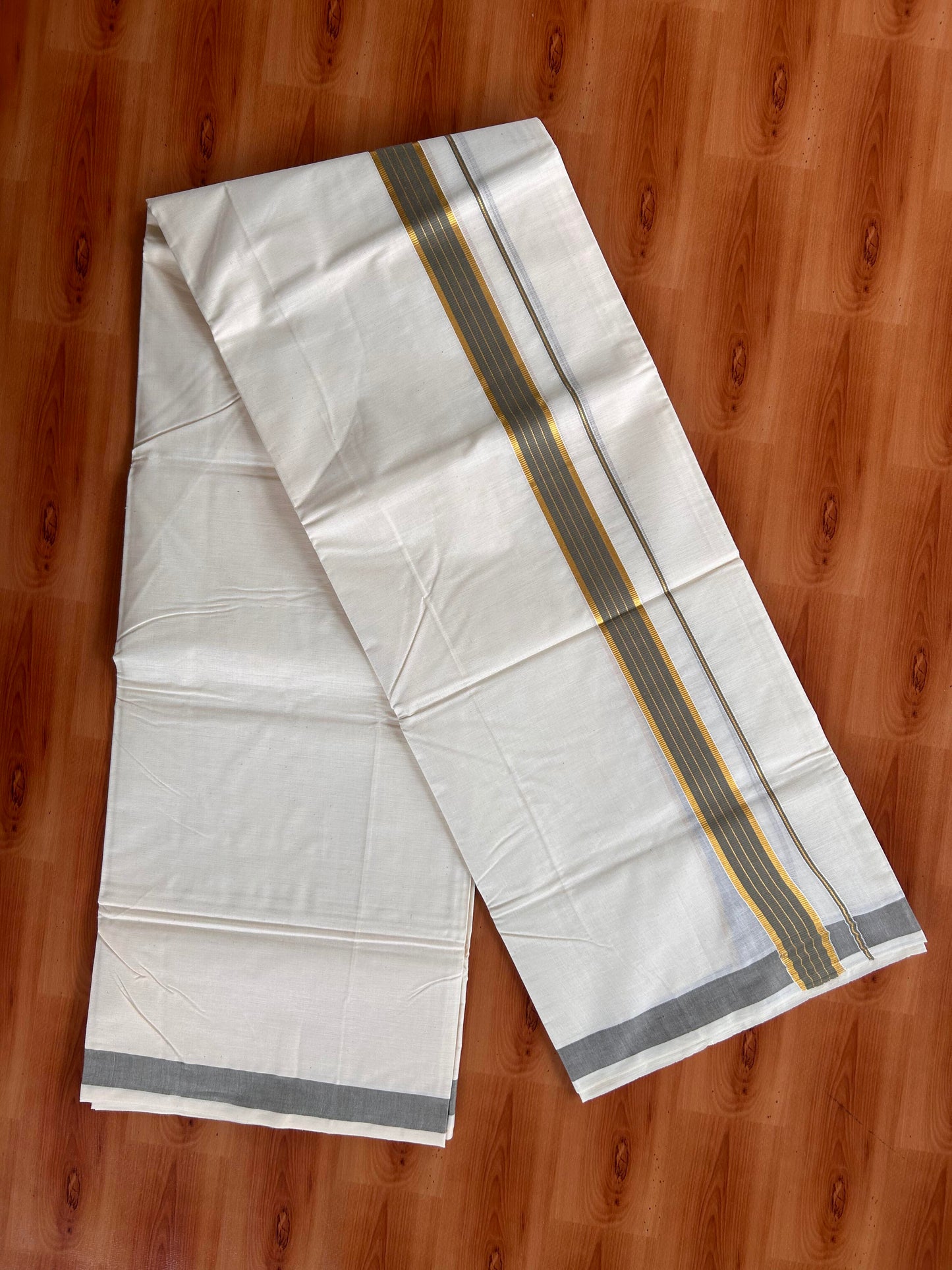 Double Off White  Mundu/Dhoti- 20% Discount! KaithariKada Balaramapuram Pure Cotton - 60s - 1 inch Gold Striped Kasav & Grey Kara - 4mtr (8.5muzham) - 2 KK5427 VAS