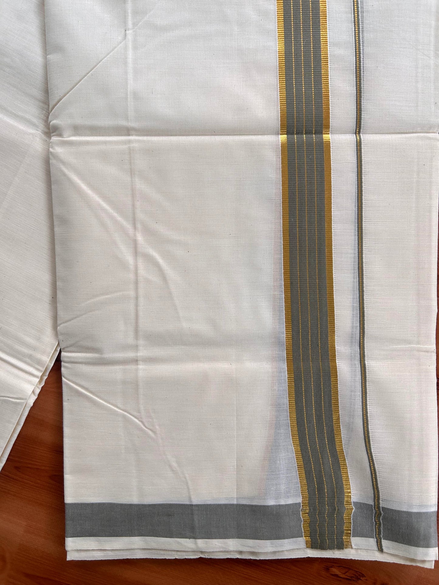 Double Off White  Mundu/Dhoti- 20% Discount! KaithariKada Balaramapuram Pure Cotton - 60s - 1 inch Gold Striped Kasav & Grey Kara - 4mtr (8.5muzham) - 2 KK5427 VAS