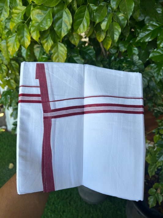 20% Discount ! Kaitharikada Balaramapuram 100% Cotton PURE WHITE Double Mundu/Dothi - 100x80 - 0.75 inch Marron Striped Kara - 1KK5217 CKS