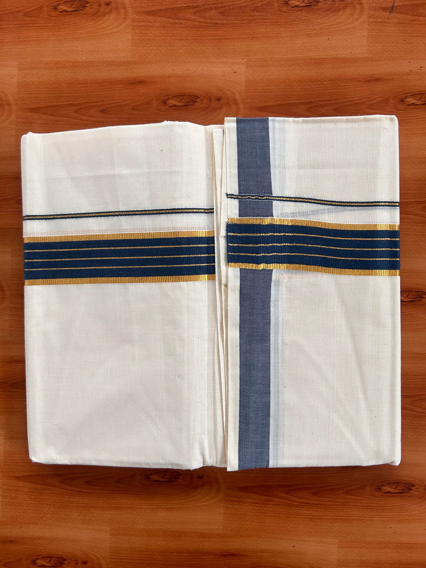 Double Off White  Mundu/Dhoti- 20% Discount! KaithariKada Balaramapuram Pure Cotton - 60s - 1 inch Gold Striped Kasav & Dark Peacock Blue Kara - 4mtr (8.5muzham) - 8 KK5427 VAS