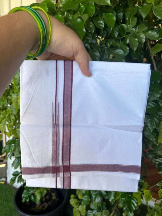 20% Discount!!! KaithariKada Balaramapuram  Double PURE WHITE Mundu/Dhoti - 100x80 - 0.5 inch Maroon shaded puliyilakkara striped chutty - 5KK5217 CKS