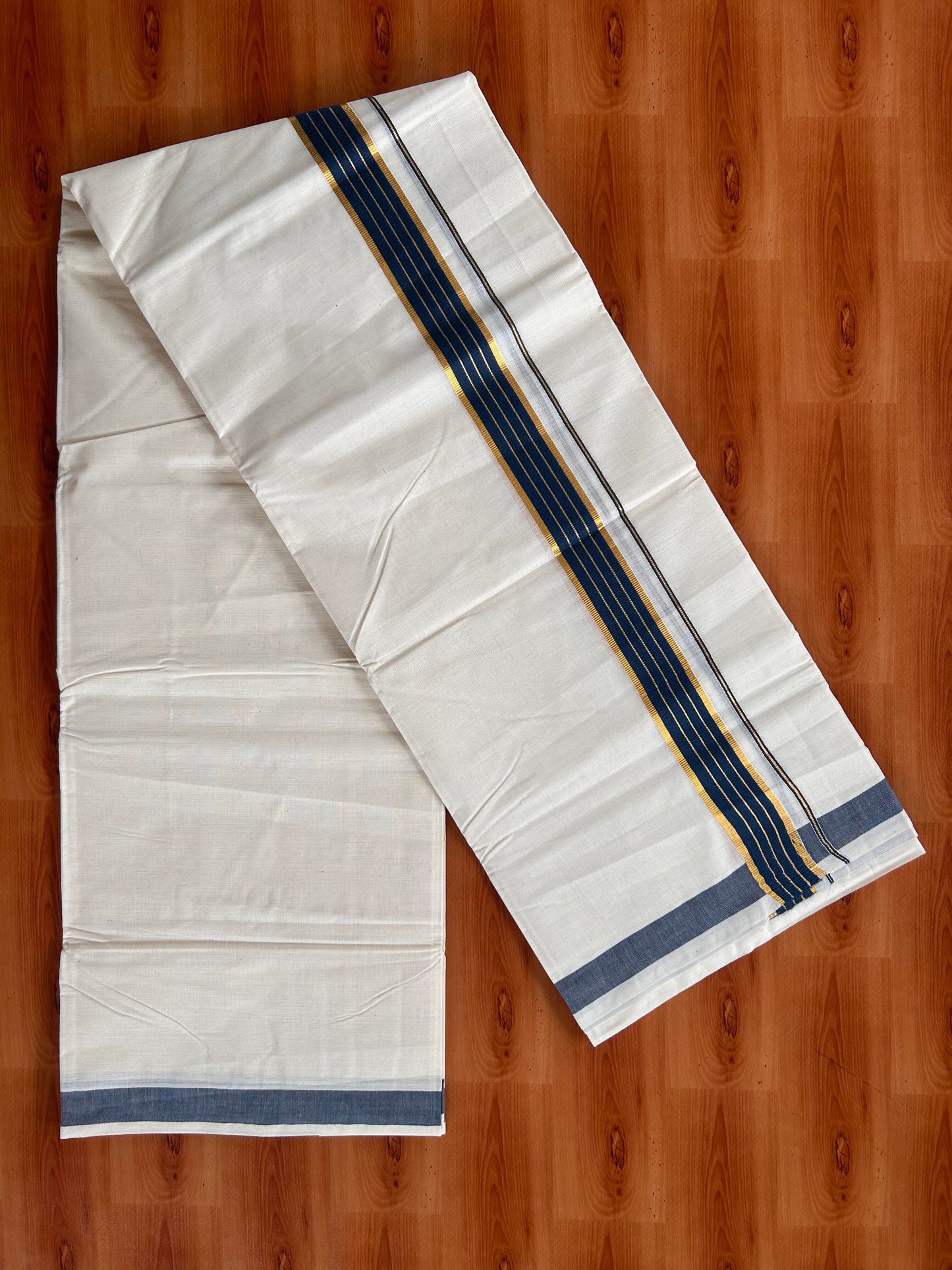 Double Off White  Mundu/Dhoti- 20% Discount! KaithariKada Balaramapuram Pure Cotton - 60s - 1 inch Gold Striped Kasav & Dark Peacock Blue Kara - 4mtr (8.5muzham) - 8 KK5427 VAS