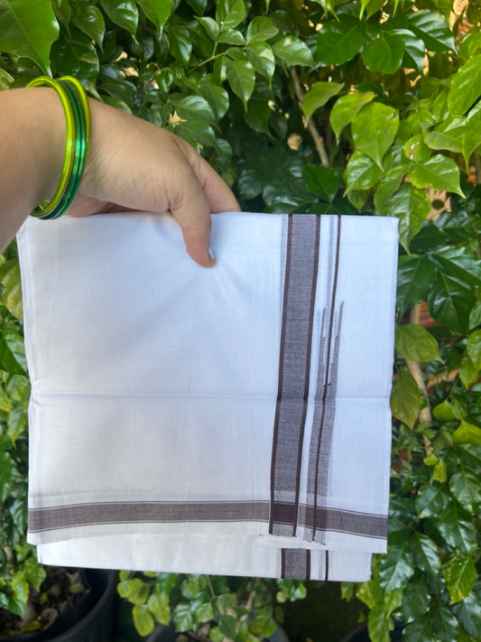 20% Discount!!! KaithariKada Balaramapuram  Double PURE WHITE Mundu/Dhoti - 100x80 - 0.75 inch Dark Brown shaded puliyilakkara striped chutty - 6KK5217 CKS