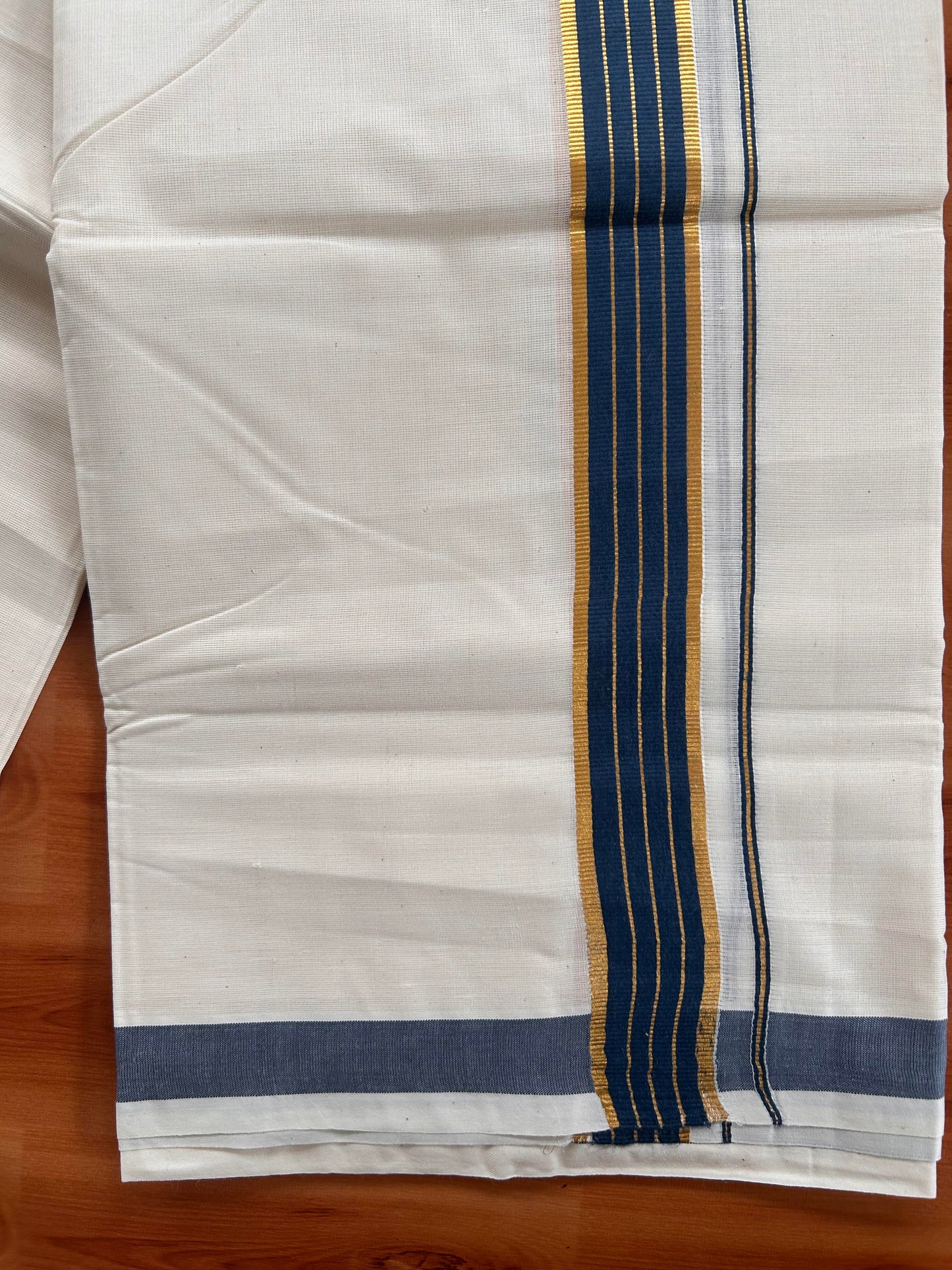 Double Off White  Mundu/Dhoti- 20% Discount! KaithariKada Balaramapuram Pure Cotton - 60s - 1 inch Gold Striped Kasav & Dark Peacock Blue Kara - 4mtr (8.5muzham) - 8 KK5427 VAS