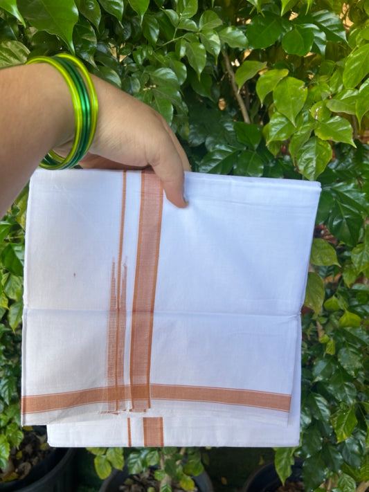 20% Discount!!! KaithariKada Balaramapuram  Double PURE WHITE Mundu/Dhoti - 100x80 - 0.75 inch Pestel Orange shaded puliyilakkara striped chutty - 8KK5217 CKS
