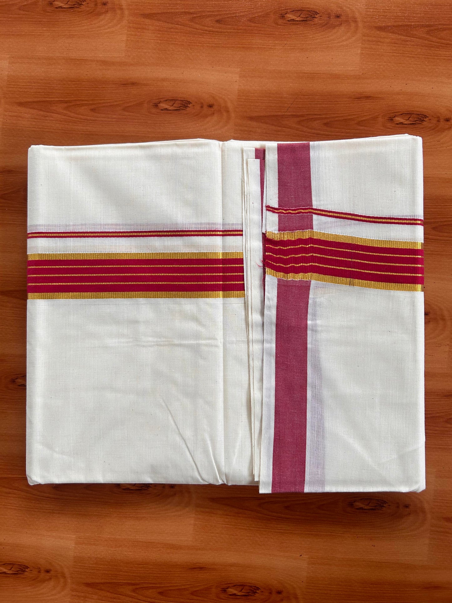 Double Off White  Mundu/Dhoti- 20% Discount! KaithariKada Balaramapuram Pure Cotton - 60s - 1 inch Gold Striped Kasav & Rose Red Kara - 4mtr (8.5muzham) - 10 KK5427 VAS