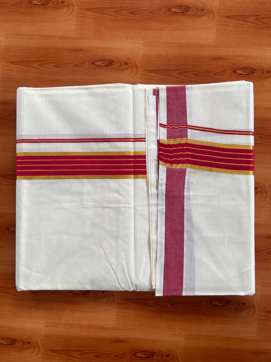 Double Off White  Mundu/Dhoti- 20% Discount! KaithariKada Balaramapuram Pure Cotton - 60s - 1 inch Gold Striped Kasav & Rose Red Kara - 4mtr (8.5muzham) - 10 KK5427 VAS