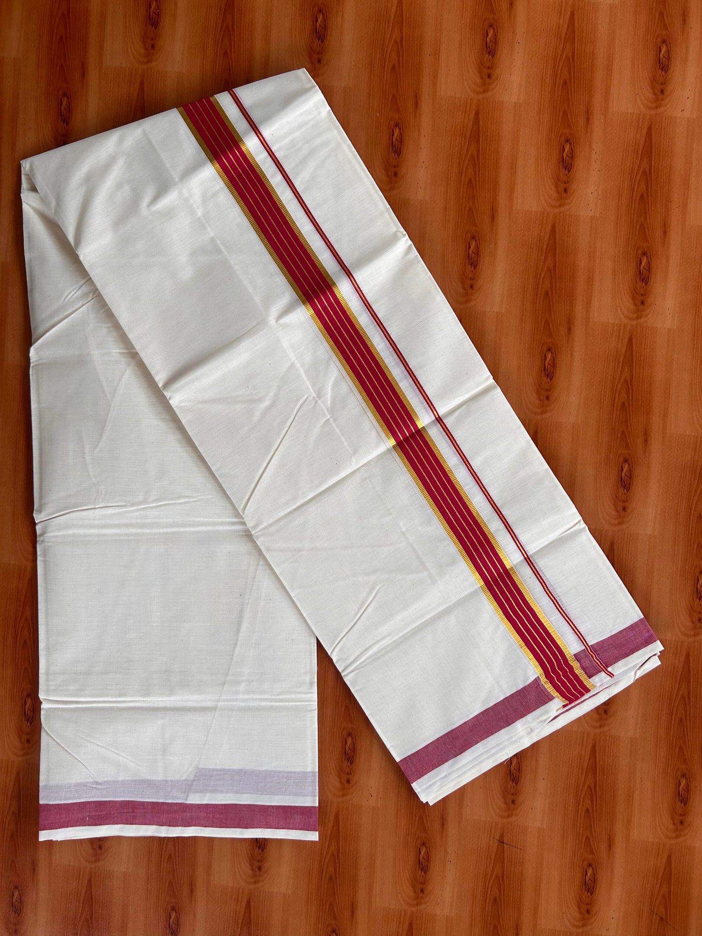 Double Off White  Mundu/Dhoti- 20% Discount! KaithariKada Balaramapuram Pure Cotton - 60s - 1 inch Gold Striped Kasav & Rose Red Kara - 4mtr (8.5muzham) - 10 KK5427 VAS